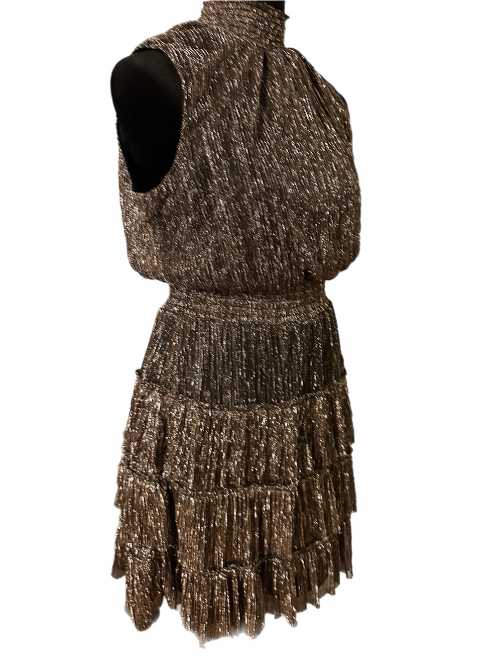 1. State Metallic Bronze Sleeveless Tiered Cocktail Dress
